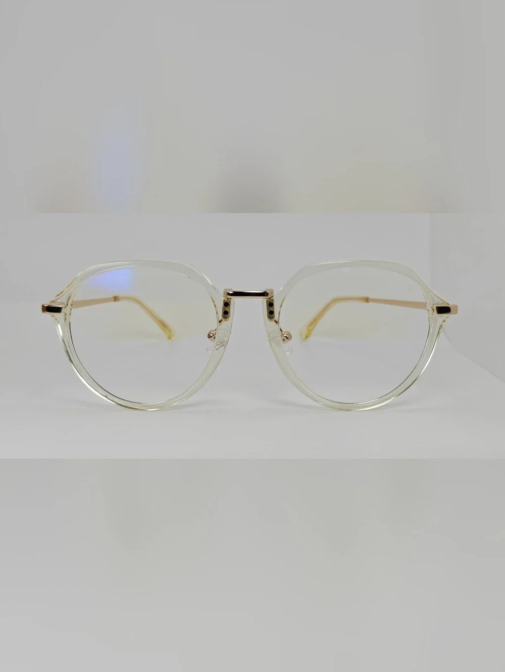 Tamara. Clear Round Frame Glasses with Gold Accents - Women Accessories